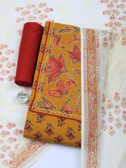 MEENA BAZAAR - Mustard Cotton Floral Unstitched Kurta & Bottom with Dupatta