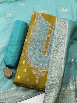 MEENA BAZAAR - Green Chanderi Embroidered Unstitched Kurta & Bottom with Dupatta