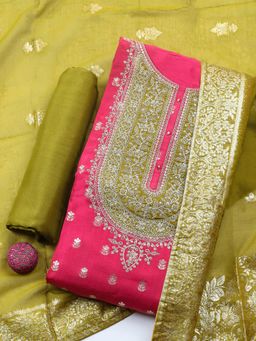 MEENA BAZAAR - Pink Chanderi Embroidered Unstitched Kurta & Bottom with Dupatta