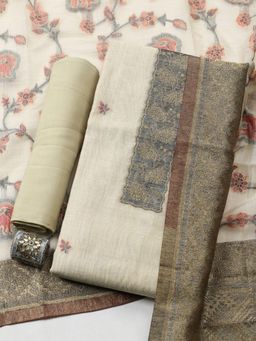 MEENA BAZAAR - Off White Chanderi Floral Unstitched Kurta & Bottom with Dupatta
