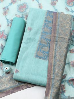 MEENA BAZAAR - Blue Chanderi Floral Unstitched Kurta & Bottom with Dupatta