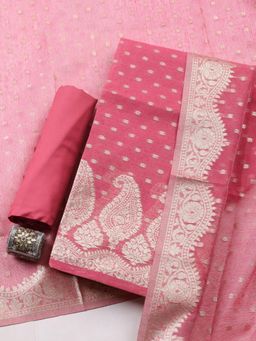 MEENA BAZAAR - Red Art Silk Self Design Unstitched Kurta & Bottom with Dupatta
