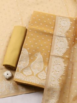 MEENA BAZAAR - Mustard Art Silk Self Design Unstitched Kurta & Bottom with Dupatta