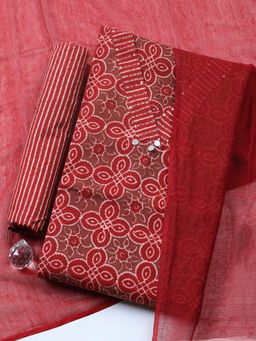 MEENA BAZAAR - Red Cotton Printed Unstitched Kurta & Bottom with Dupatta