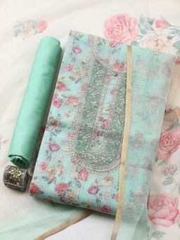 MEENA BAZAAR - Aqua Cotton Floral Unstitched Kurta & Bottom with Dupatta