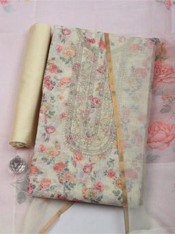 MEENA BAZAAR - Cream Cotton Floral Unstitched Kurta & Bottom with Dupatta