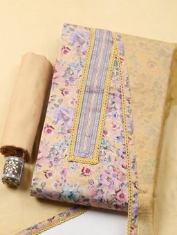 MEENA BAZAAR - Yellow Cotton Floral Unstitched Kurta & Bottom with Dupatta