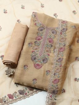 MEENA BAZAAR - Beige Organza Floral Unstitched Kurta & Bottom with Dupatta