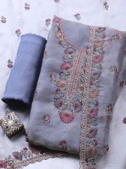 MEENA BAZAAR - Blue Organza Floral Unstitched Kurta & Bottom with Dupatta
