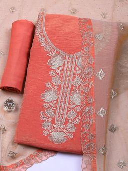 MEENA BAZAAR - Orange Art Silk Floral Unstitched Kurta & Bottom with Dupatta