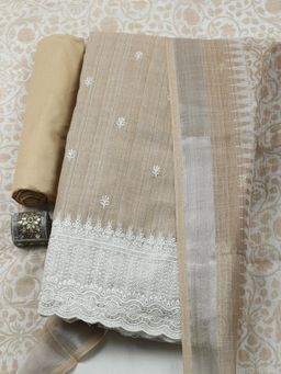 MEENA BAZAAR - Beige Linen Floral Unstitched Kurta & Bottom with Dupatta