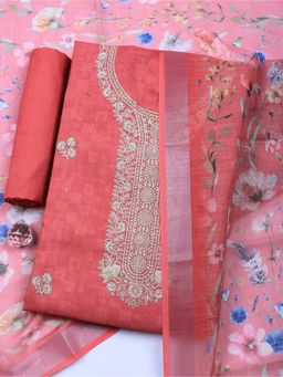 MEENA BAZAAR - Red Linen Printed Unstitched Kurta & Bottom with Dupatta