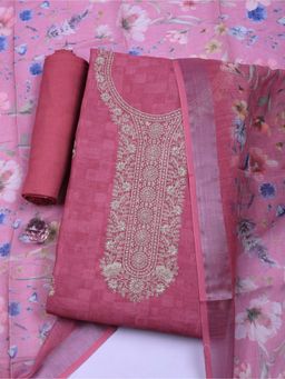 MEENA BAZAAR - Pink Linen Printed Unstitched Kurta & Bottom with Dupatta