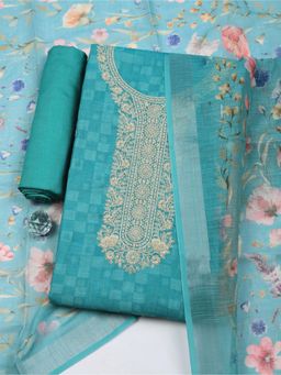 MEENA BAZAAR - Green Linen Printed Unstitched Kurta & Bottom with Dupatta