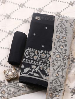 MEENA BAZAAR - Black Chanderi Self Design Unstitched Kurta & Bottom with Dupatta