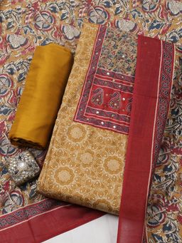 MEENA BAZAAR - Mustard Cotton Printed Unstitched Kurta & Bottom with Dupatta