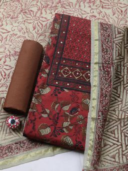 MEENA BAZAAR - Maroon Cotton Printed Unstitched Kurta & Bottom with Dupatta