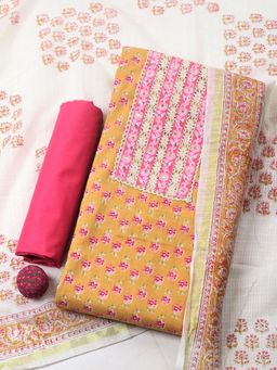 MEENA BAZAAR - Mustard Cotton Floral Unstitched Kurta & Bottom with Dupatta