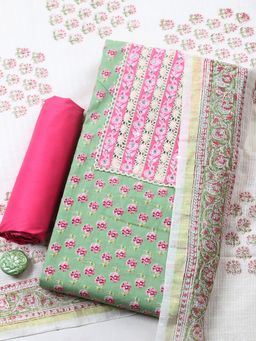 MEENA BAZAAR - Green Cotton Floral Unstitched Kurta & Bottom with Dupatta