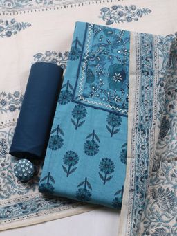 MEENA BAZAAR - Blue Cotton Floral Unstitched Kurta & Bottom with Dupatta