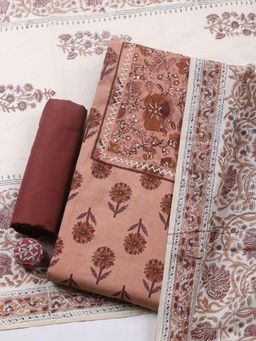 MEENA BAZAAR - Peach Cotton Floral Unstitched Kurta & Bottom with Dupatta