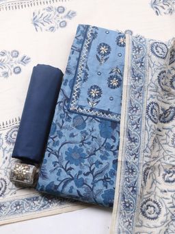 MEENA BAZAAR - Blue Cotton Floral Unstitched Kurta & Bottom with Dupatta