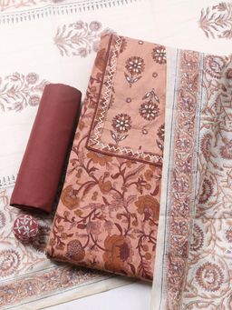 MEENA BAZAAR - Peach Cotton Floral Unstitched Kurta & Bottom with Dupatta