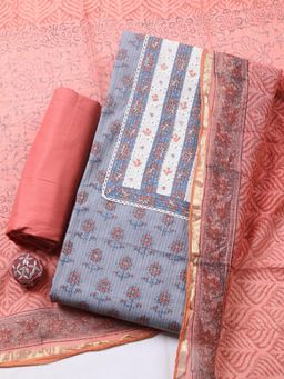 MEENA BAZAAR - Grey Cotton Floral Unstitched Kurta & Bottom with Dupatta