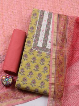 MEENA BAZAAR - Mustard Cotton Floral Unstitched Kurta & Bottom with Dupatta