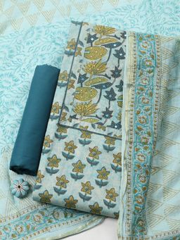 MEENA BAZAAR - Aqua Cotton Floral Unstitched Kurta & Bottom with Dupatta