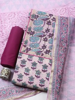 MEENA BAZAAR - Lavender Cotton Floral Unstitched Kurta & Bottom with Dupatta