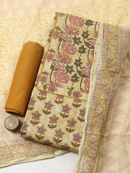 MEENA BAZAAR - Mustard Cotton Floral Unstitched Kurta & Bottom with Dupatta