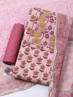 MEENA BAZAAR - Pink Cotton Floral Unstitched Kurta & Bottom with Dupatta