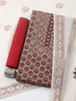 MEENA BAZAAR - Beige Cotton Printed Unstitched Kurta & Bottom with Dupatta