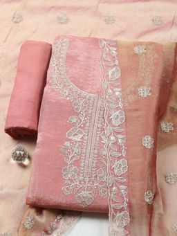 MEENA BAZAAR - Peach Art Silk Floral Unstitched Kurta & Bottom with Dupatta
