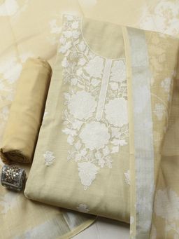 MEENA BAZAAR - Yellow Linen Floral Unstitched Kurta & Bottom with Dupatta