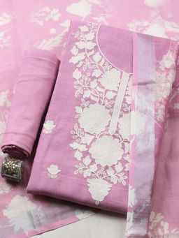 MEENA BAZAAR - Pink Linen Floral Unstitched Kurta & Bottom with Dupatta