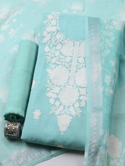 MEENA BAZAAR - Green Linen Floral Unstitched Kurta & Bottom with Dupatta