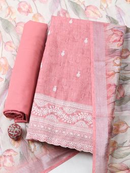 MEENA BAZAAR - Pink Linen Floral Unstitched Kurta & Bottom with Dupatta