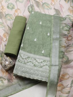 MEENA BAZAAR - Green Linen Floral Unstitched Kurta & Bottom with Dupatta