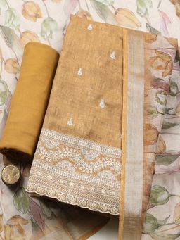 MEENA BAZAAR - Mustard Linen Floral Unstitched Kurta & Bottom with Dupatta