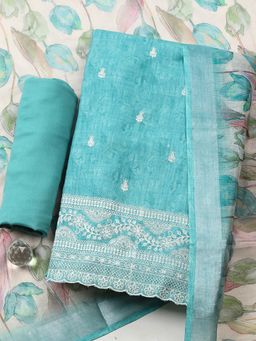 MEENA BAZAAR - Green Linen Floral Unstitched Kurta & Bottom with Dupatta