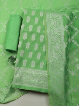 MEENA BAZAAR - Green Chanderi Self Design Unstitched Kurta & Bottom with Dupatta