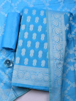MEENA BAZAAR - Blue Chanderi Self Design Unstitched Kurta & Bottom with Dupatta