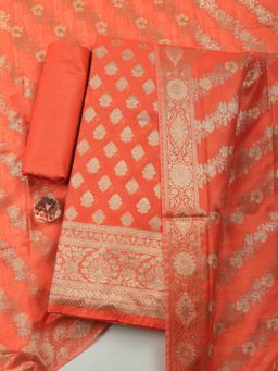 MEENA BAZAAR - Orange Chanderi Self Design Unstitched Kurta & Bottom with Dupatta