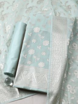 MEENA BAZAAR - Green Chanderi Self Design Unstitched Kurta & Bottom with Dupatta