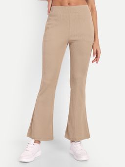 BROADSTAR - Women High-Rise Stretchable Dark Beige color Flared Corduroy Pant
