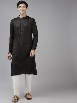 See Designs - Men Black & Beige Woven Design Thread Work Kurta with Pyjama (Set of 2)