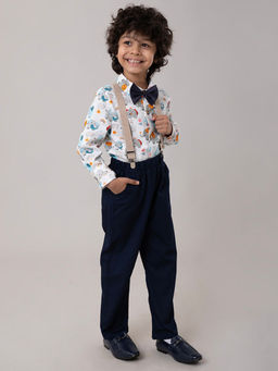 Hopscotch - Boys White Elephant Print Shirt & Pant Formal Set with Bow & Suspender