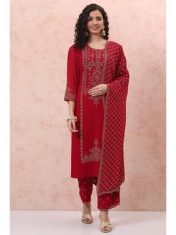 Rangriti - Red Polyester Printed Suit (Set of 3)